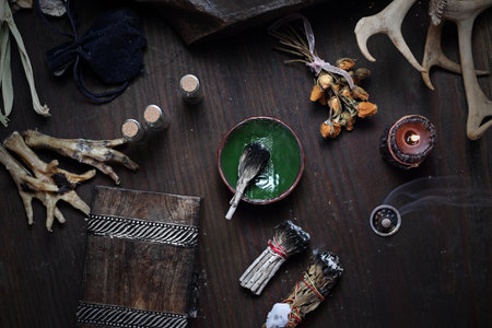 Incenses made of white sage and cedar herbs. Fairy.の写真素材