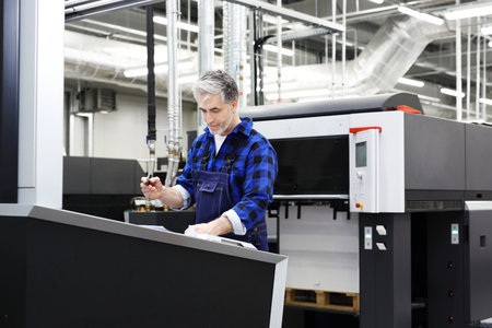 Printer. The man checks the print quality.の写真素材