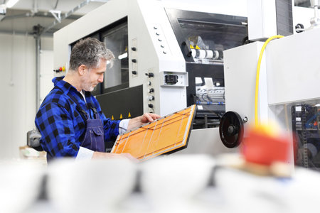 Printing house, bookbinding. A printer with a punch at the machine.の写真素材
