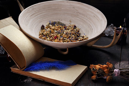 Book of spells and elixirs, magical magic of herbs.の写真素材