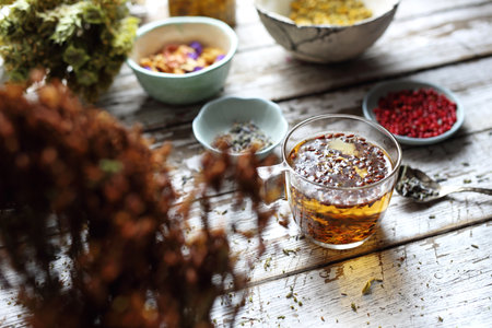 An infusion with St. Johns wort, herbal medicine.の写真素材