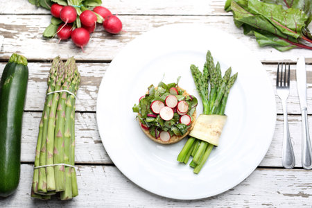 Vegetable sandwich and green asparagus, healthy diet.の写真素材