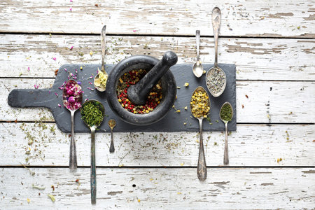 Dried flower petals, herbs, spices. Herbal, floral blend, health straight from nature.の写真素材