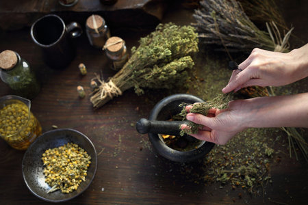 Homeopathy and herbal medicine. The woman prepares natural herbal medicines.の写真素材