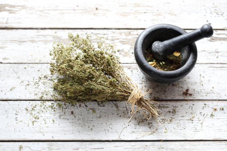 Dried herbs in natural medicine and cookingの写真素材