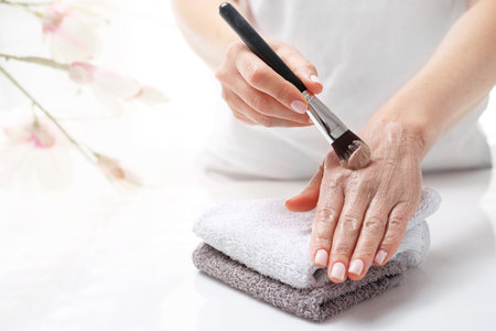 Hand cares, moisturizing mask. Home care treatmentsの写真素材