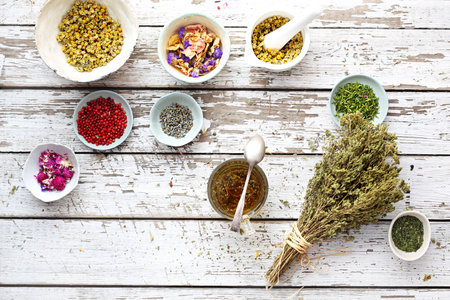 Herbal medicine and natural medicine. Traditional herbal remedies.の写真素材