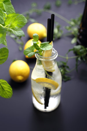 Water with lemon, water in a glass bottle with lemon and mint.の写真素材