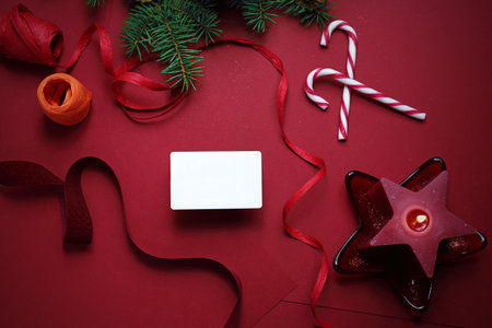 Christmas composition, red and green Christmas card with place for text.の写真素材