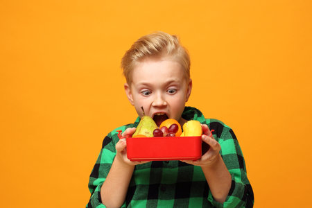 Fruit breakfast for school, a smiling child is holding a box of colorful fresh fruit.の写真素材