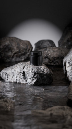 Black cosmetic bottle on stone in water. Shallow depth of field.の写真素材