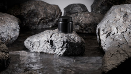 Cosmetic bottle on a rock in the water. 3d renderingの写真素材
