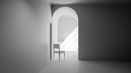 3d rendering of an empty room with a door and a chairの写真素材