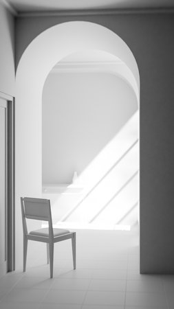 3d rendering of a chair in a room with arched doorの写真素材
