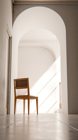 Wooden chair in the white room with arch and shadow from the windowの写真素材