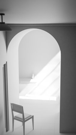 Interior of a room with arch and chair in black and whiteの写真素材