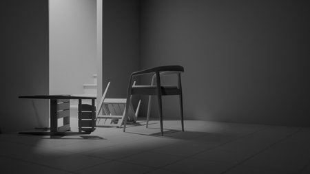 3D rendering of a minimalistic interior with a chair and a tableの写真素材