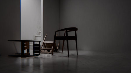 Two chairs in the corner of an empty room with a white wallの写真素材