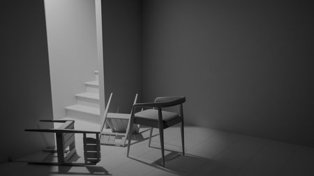 Wooden chairs in the interior of a room with a wooden doorの写真素材