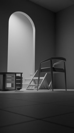 3D render of an empty room with a chair and a doorの写真素材