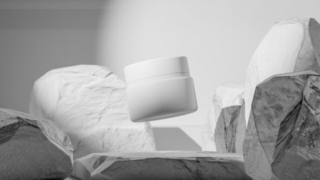 cosmetic cream bottle mockup on stone background, black and whiteの写真素材