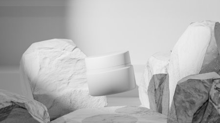 Cosmetic cream in a jar on the background of stones. Black and whiteの写真素材