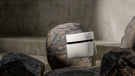 A 3d render of a white object standing on a stone backgroundの写真素材