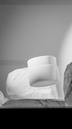 Ceramic cosmetic container on the bed. Black and white.の写真素材