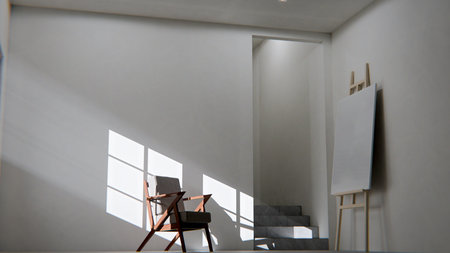 Interior of a modern studio with white walls and a wooden easelの写真素材