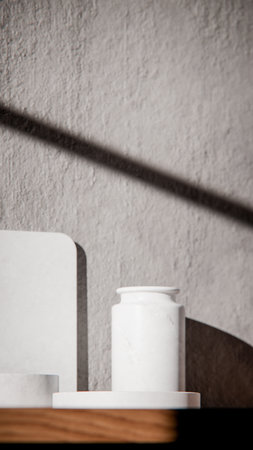 White ceramic vase on wooden shelf and concrete wall background. Minimal style.の写真素材