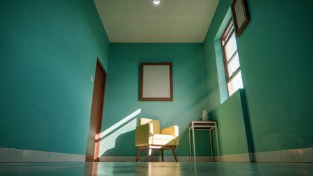 interior of an empty room with a green wall and a chairの写真素材