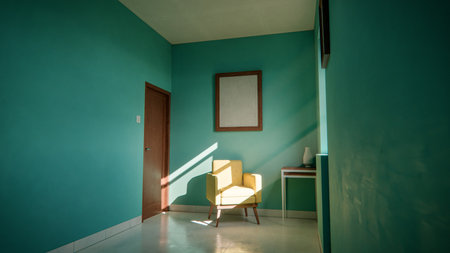 interior of a modern house with green walls, corridor and chairの写真素材