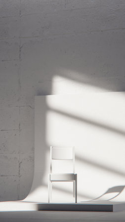 Minimalist interior design, white chair with shadows on the wall