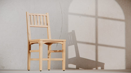 Wooden chair on white background with shadow of window and sunlight.の写真素材