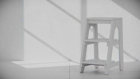 White wooden stool on a white wall. 3d render illustration.