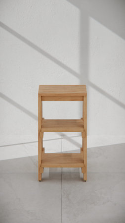 Wooden ladder on white wall background. Minimalism style.