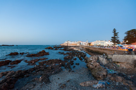 Essaouira city walls with houses and the Atlantic Oceanの写真素材