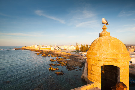 The massive city walls of Essaouira, Morocco in wonderful evening sunの写真素材
