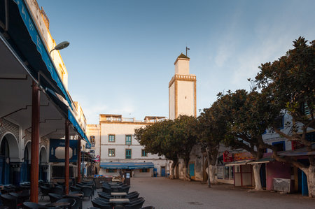 Street and mosque in Essaouira, Morocco in the morningのeditorial素材