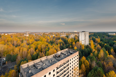 Aerial view from the top of an abandoned apartment skyscraper in Pripyat, Chernobyl Exclusion Zone with the exploded reactor block 4, covered by the new sarcophagus, on the horizonの写真素材