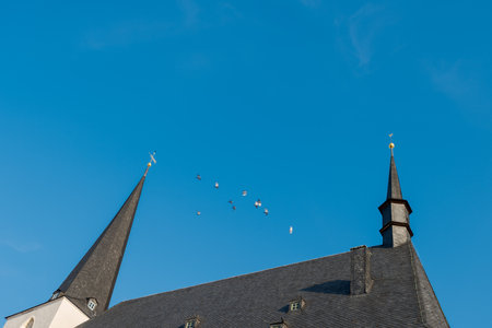 Church of St. Peter and Paul with herder monument on Herderplatz in Weimar in summerの写真素材