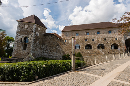 Entrance to the Ljubljana Castle on sunny day with cloudsのeditorial素材