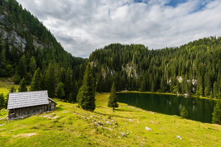 Log cabins and a mountain lake in the mountains of the Slovenian Alps on the peak Planina Blato on sunny day with cloudsのeditorial素材