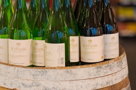 Regensburg, Germany - 2021 02 05: Bottles of wine from brand Schnabl standing on display on wine...