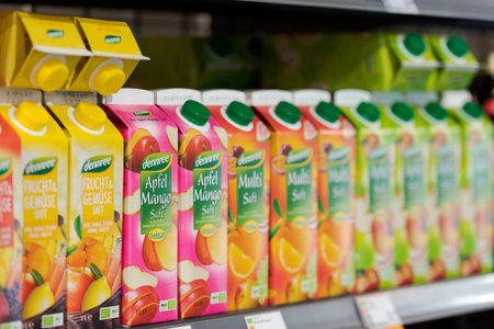 Regensburg, Germany - 2021 02 05: Shelves with beverage cartons with different fruit juices of brands because three on display in organic super marketのeditorial素材