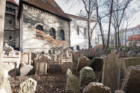 Details of old tombstones in Jewish cemetary in Pragueの写真素材