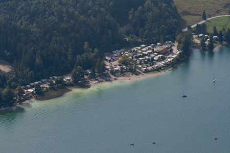 Aerial view of camping site on the Walchensee in Bavariaの写真素材
