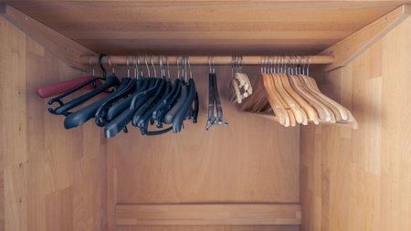 Empty wooden clothes closet with assortment of different coat hangersの写真素材