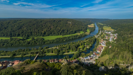 Scenic view from castle Randeck over Essing in Lower Bavaria on the river AltmÃ¼hlの写真素材