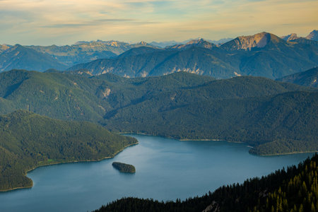 Lake Walchensee with nature preserve island Sassau in Upper Bavaria